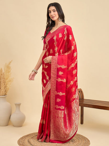 Red Banarasi Viscose Woven Saree