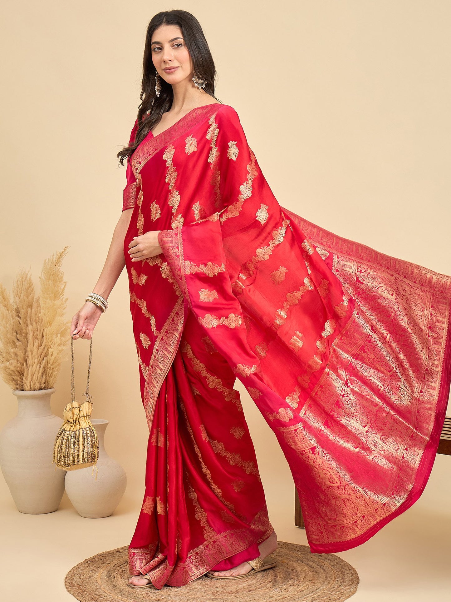 Red Banarasi Viscose Woven Saree