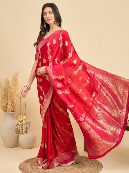 Red Banarasi Viscose Woven Saree
