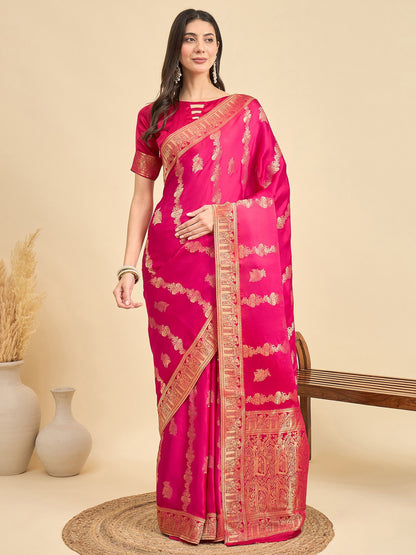 Pink Pink Banarasi Viscose Woven Saree