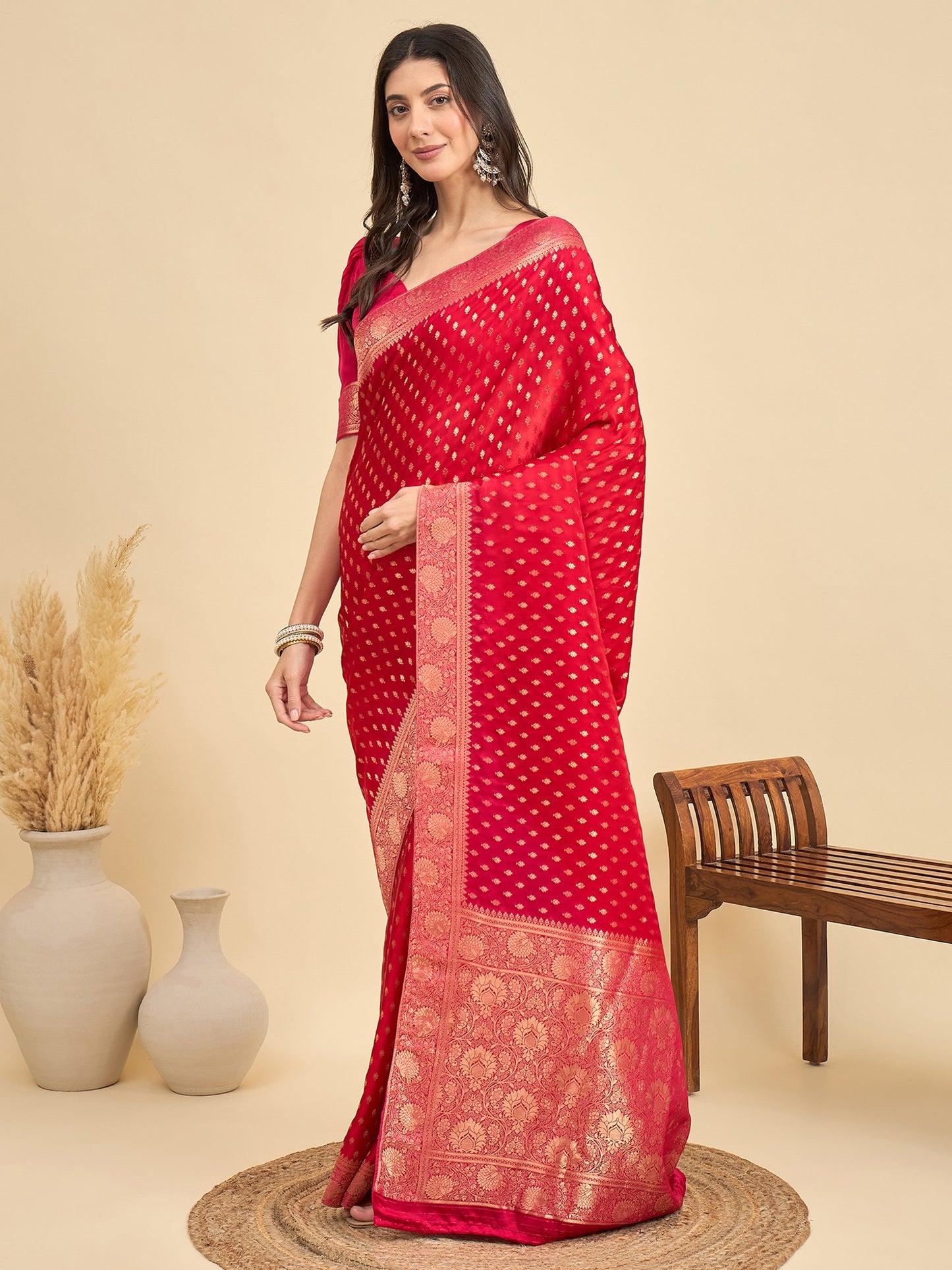 Red Banarasi Viscose Woven Saree