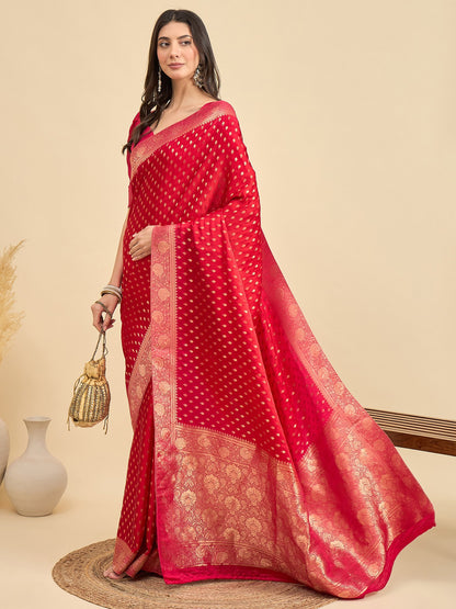Red Banarasi Viscose Woven Saree