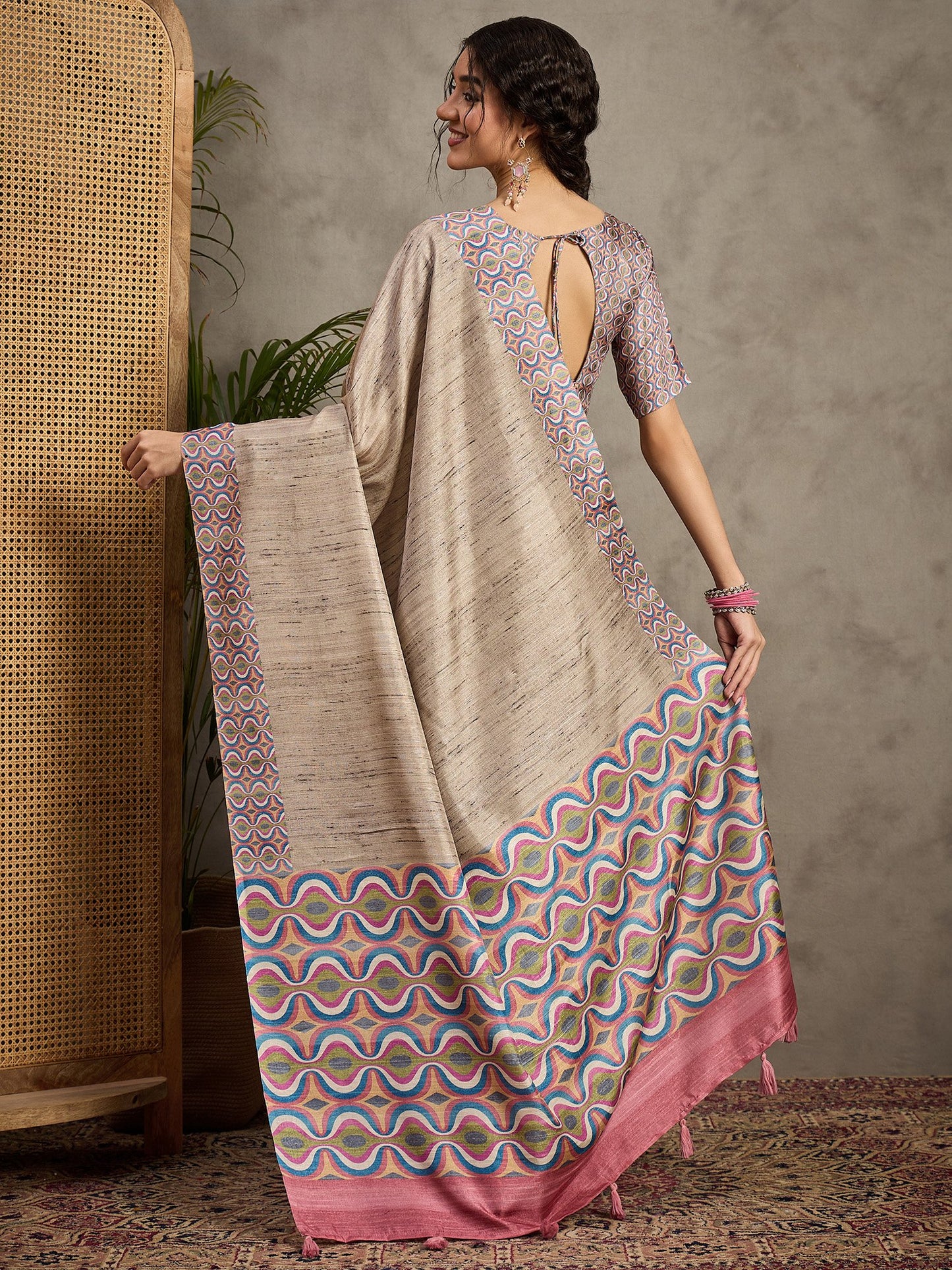 Cream Tussar Satin Silk Printed Saree