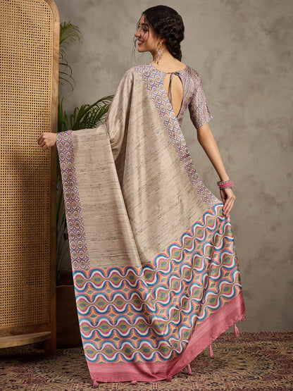 Cream Tussar Satin Silk Printed Saree