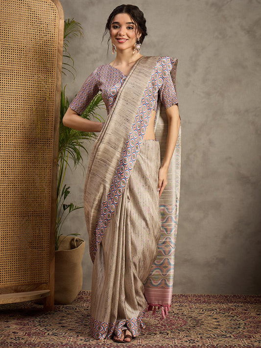 Grey Cream Tussar Satin Silk Printed Saree