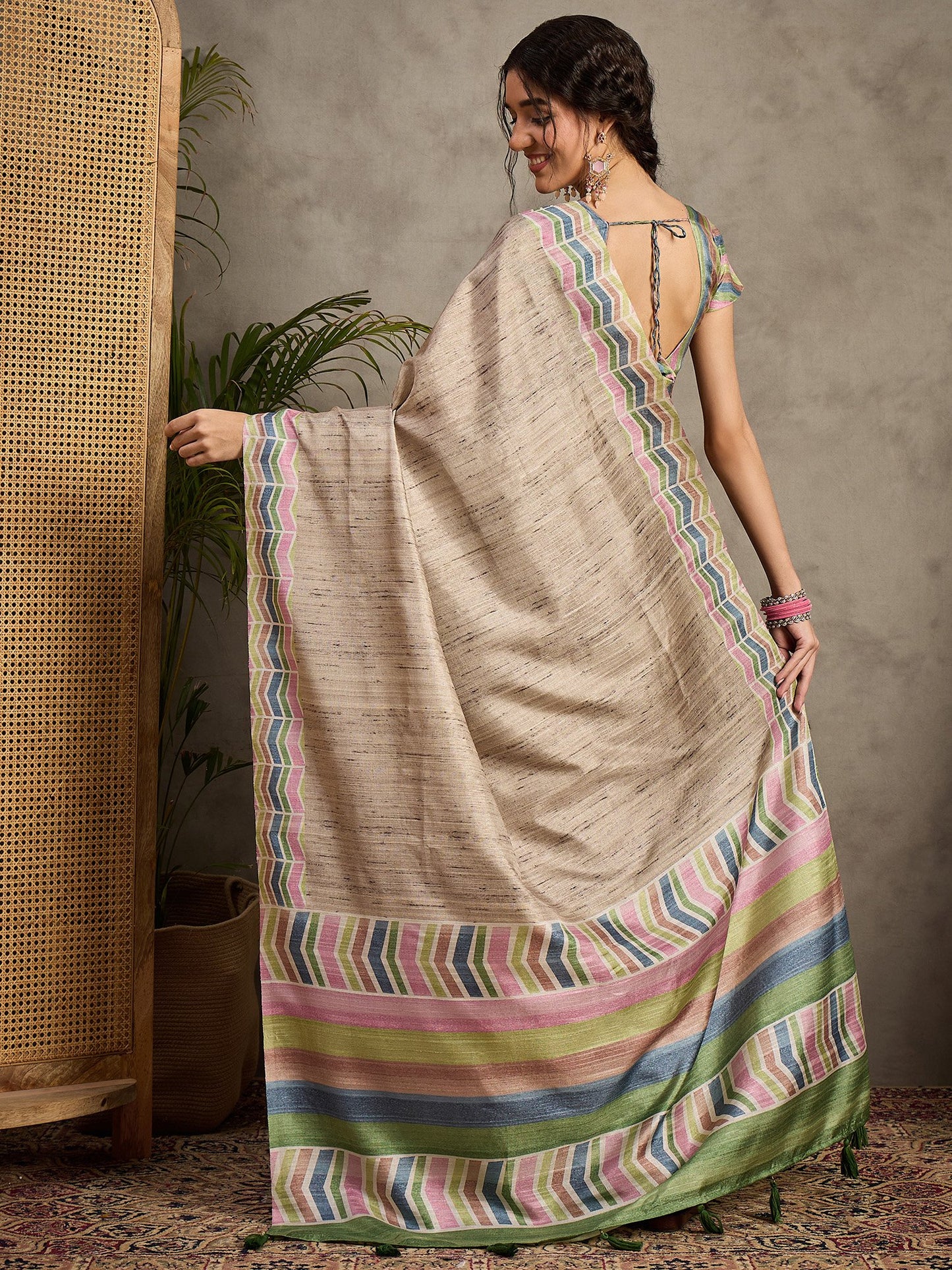 Cream Tussar Satin Silk Printed Saree