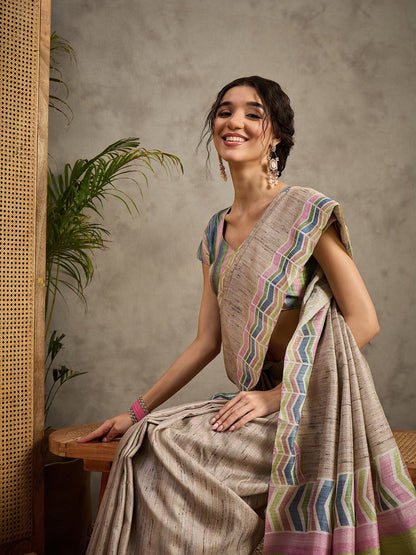 Cream Tussar Satin Silk Printed Saree