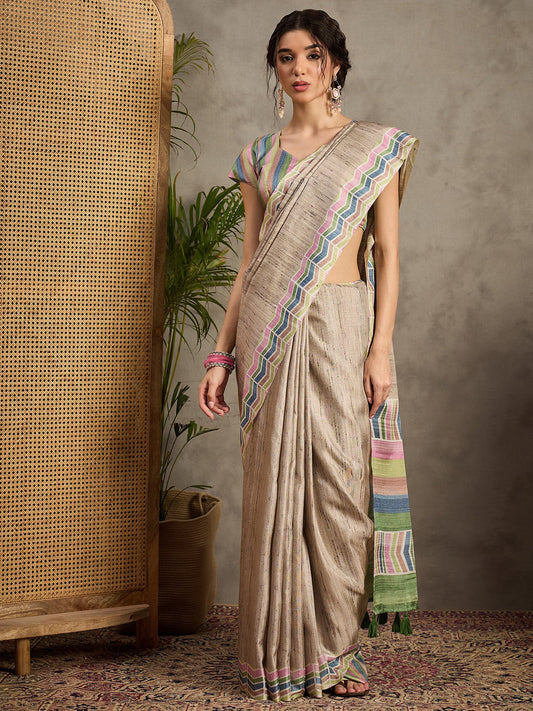 Grey Cream Tussar Satin Silk Printed Saree