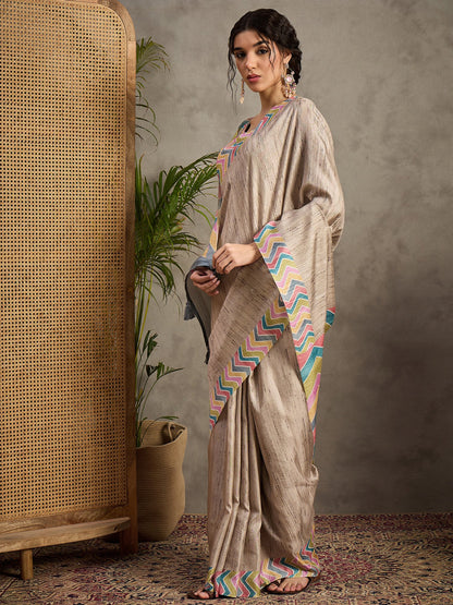 Grey Cream Tussar Satin Silk Printed Saree