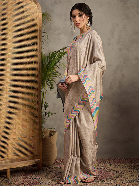 Grey Cream Tussar Satin Silk Printed Saree