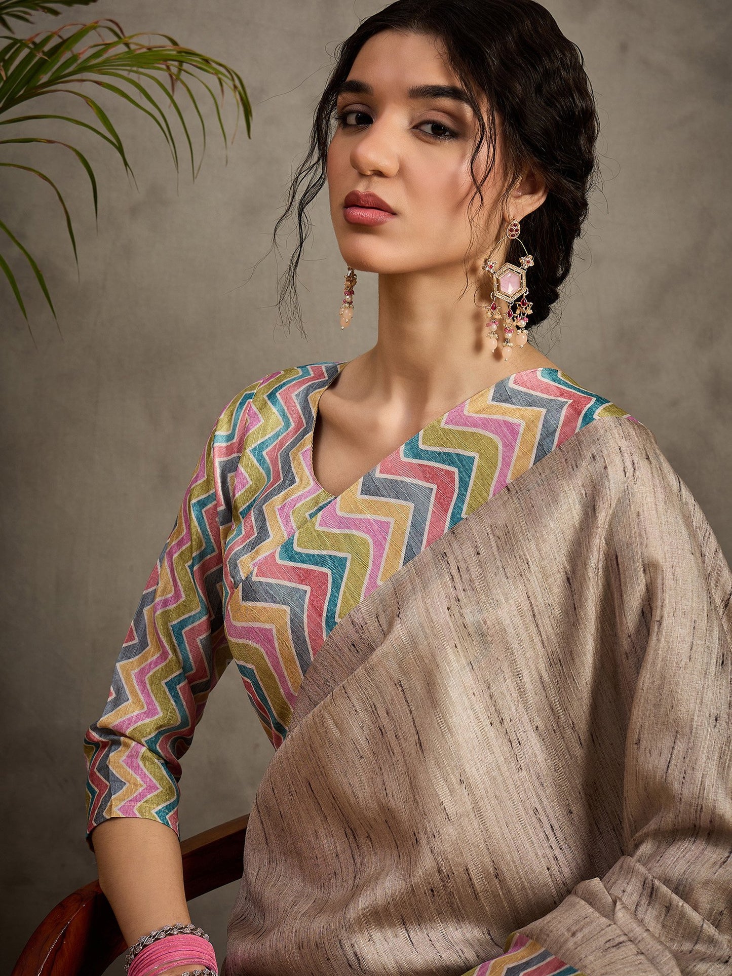 Cream Tussar Satin Silk Printed Saree