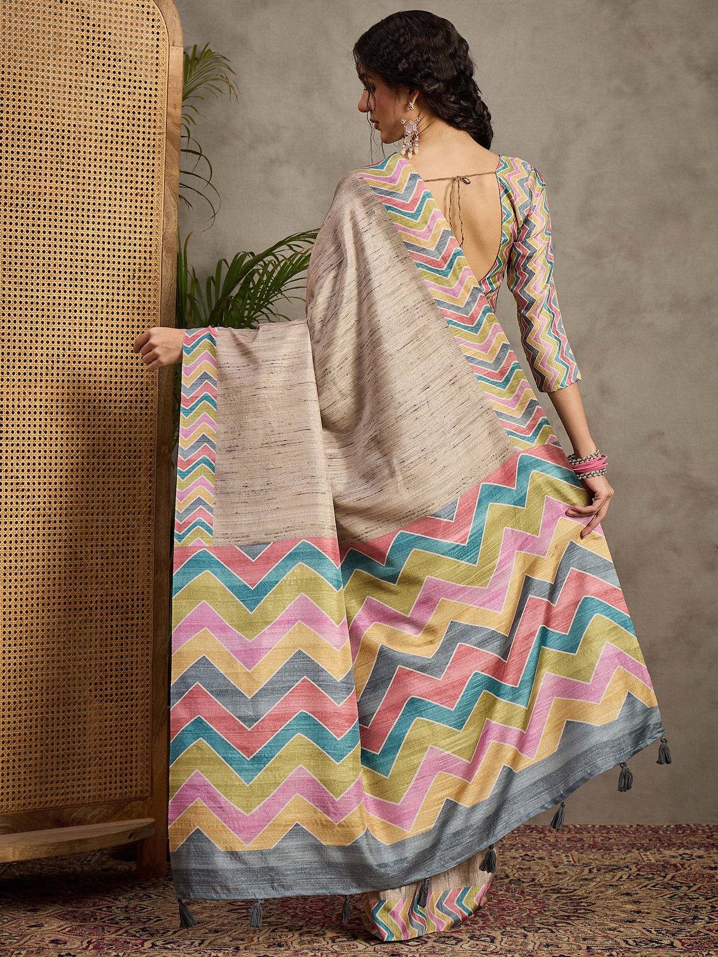 Cream Tussar Satin Silk Printed Saree