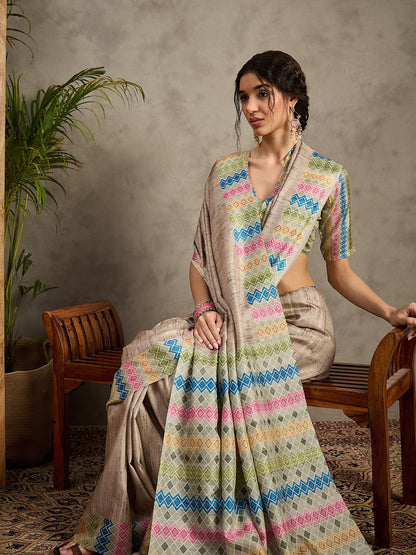 Cream Tussar Satin Silk Printed Saree