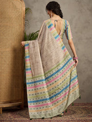 Cream Tussar Satin Silk Printed Saree