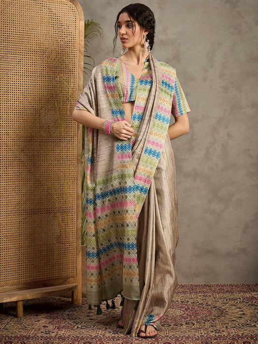 Grey Cream Tussar Satin Silk Printed Saree