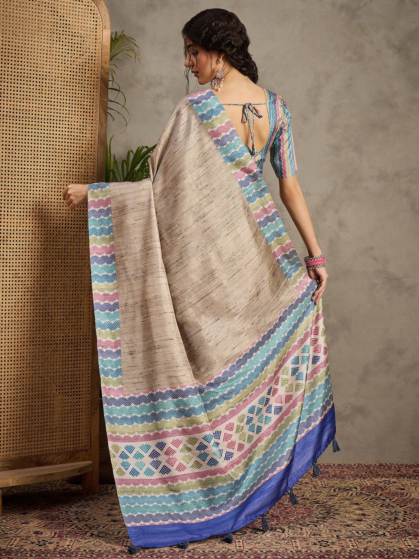 Cream Tussar Satin Silk Printed Saree