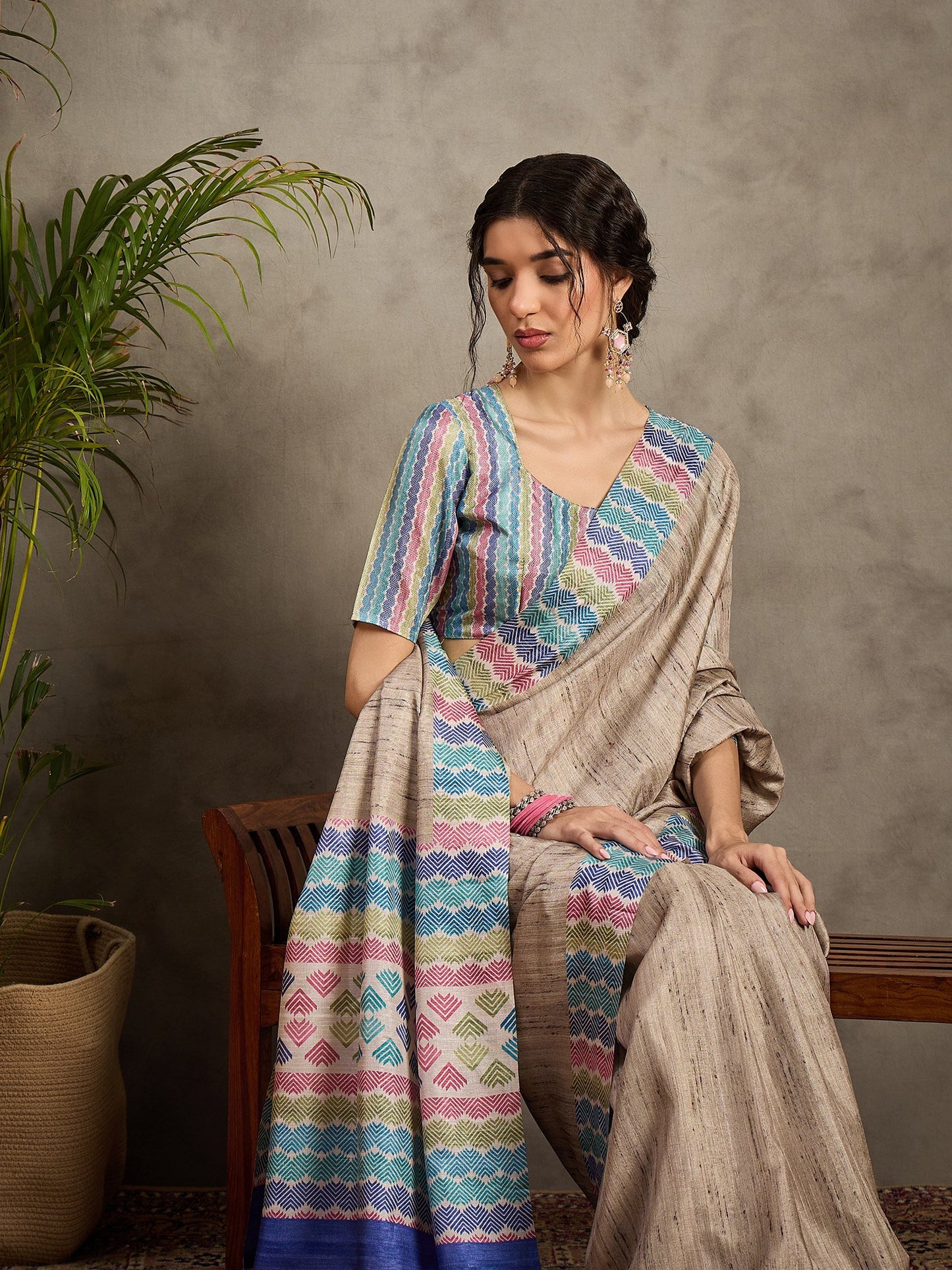 Cream Tussar Satin Silk Printed Saree