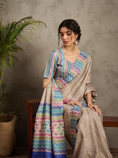 Cream Tussar Satin Silk Printed Saree