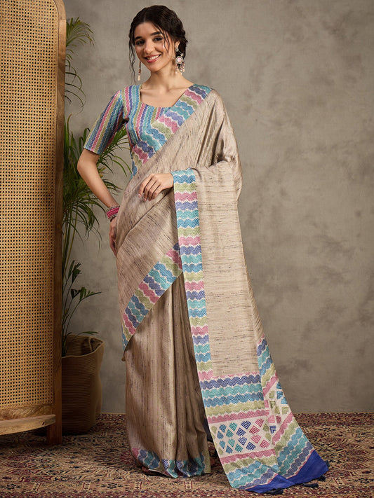 Grey Cream Tussar Satin Silk Printed Saree