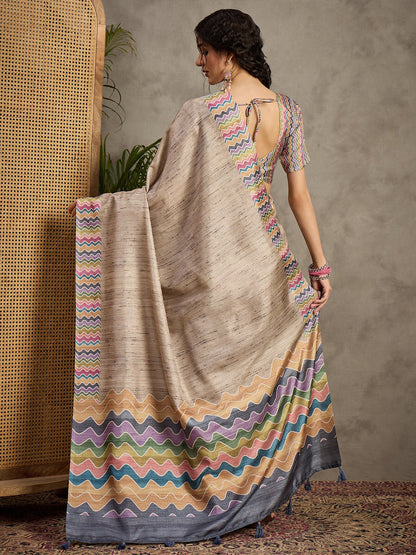 Cream Tussar Satin Silk Printed Saree
