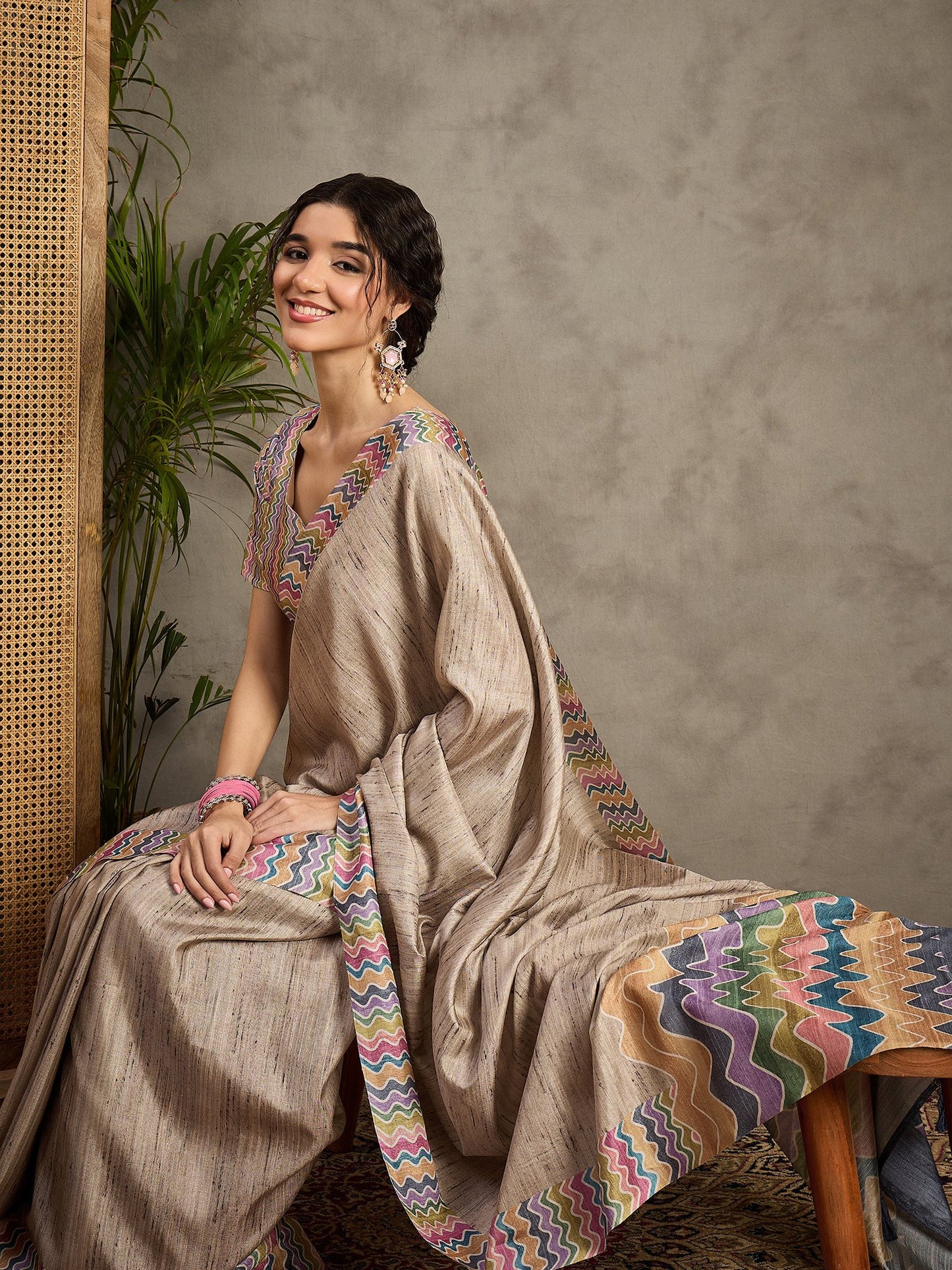 Cream Tussar Satin Silk Printed Saree