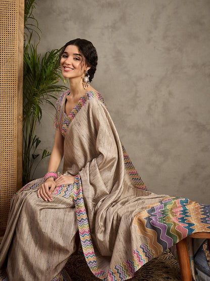 Cream Tussar Satin Silk Printed Saree
