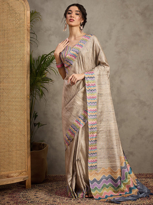 Grey Cream Tussar Satin Silk Printed Saree