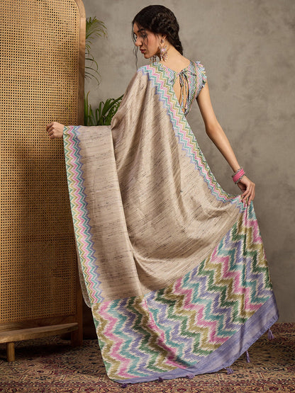 Beige Tussar Satin Silk Printed Saree