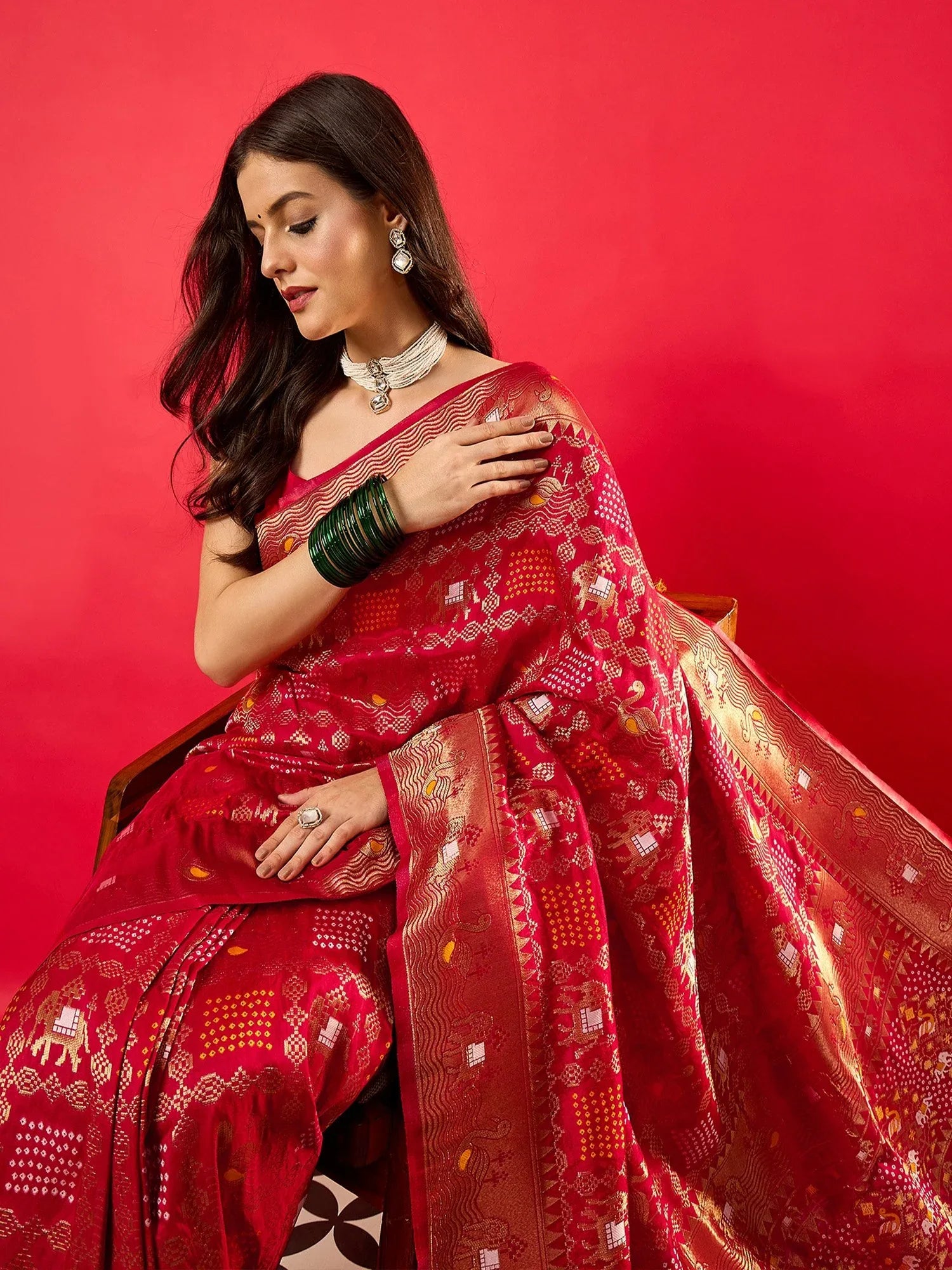 Red Bandhani Dola Silk Woven Saree