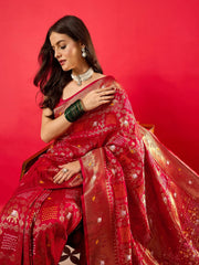 Red Bandhani Dola Silk Woven Saree