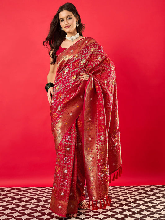 Red Red Bandhani Dola Silk Woven Saree