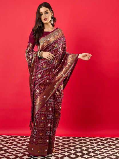 Burgundy Bandhani Dola Silk Woven Saree