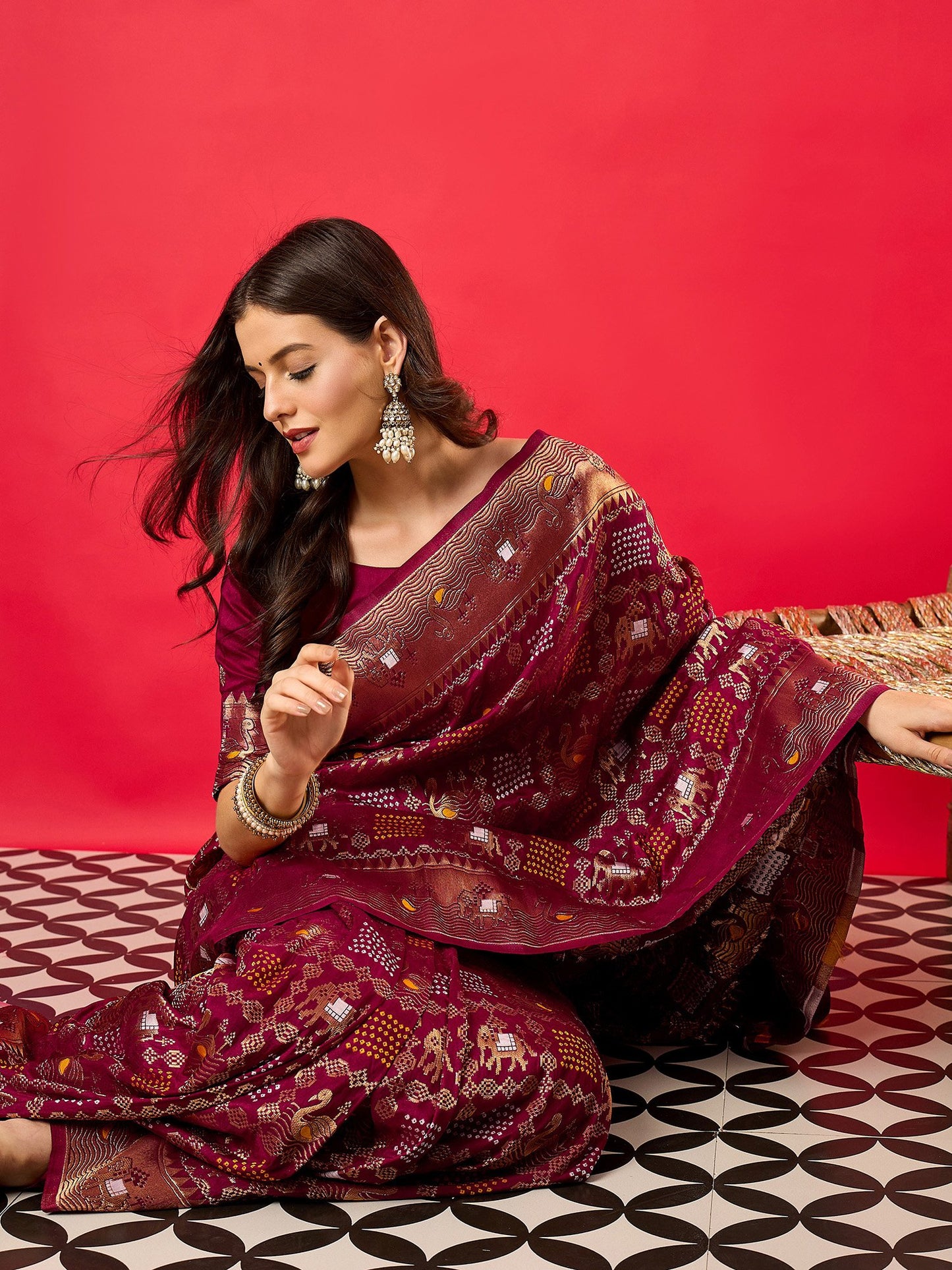 Burgundy Bandhani Dola Silk Woven Saree