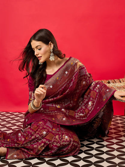 Burgundy Bandhani Dola Silk Woven Saree