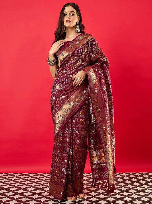 Burgundy Burgundy Bandhani Dola Silk Woven Saree