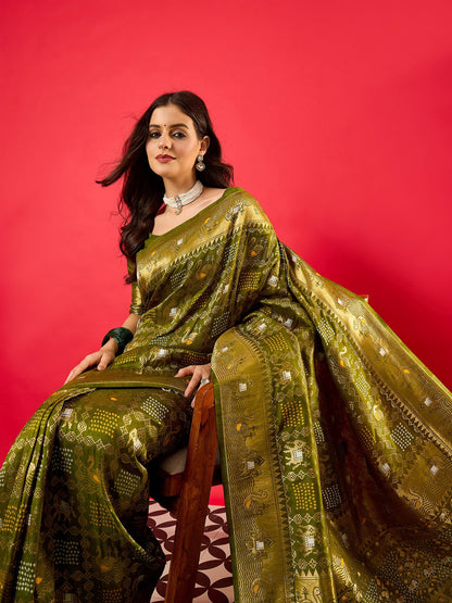 Green Bandhani Dola Silk Woven Saree