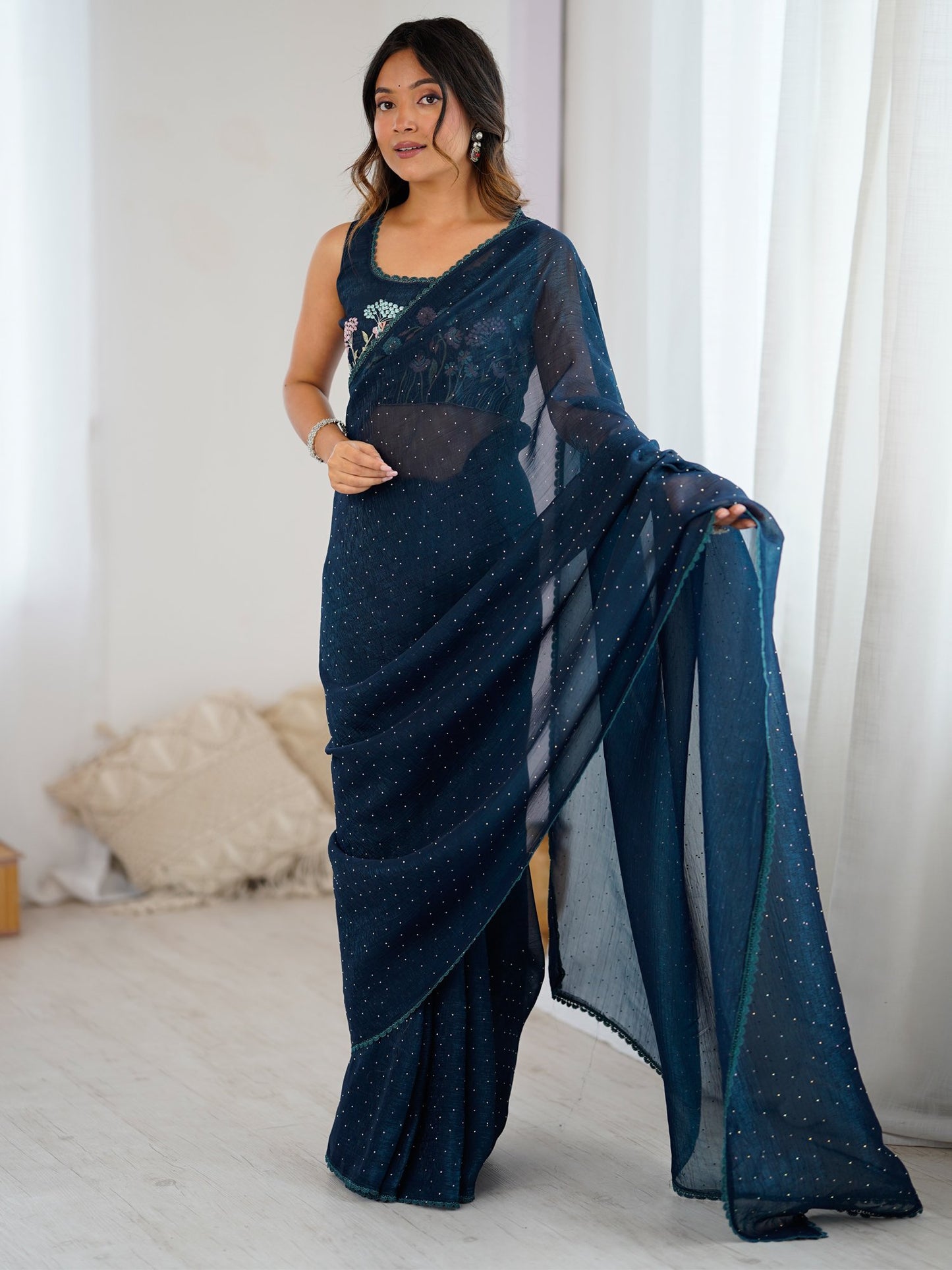 Teal Party Wear Tissue Embellished Saree