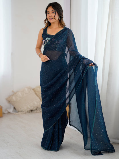 Teal Party Wear Tissue Embellished Saree
