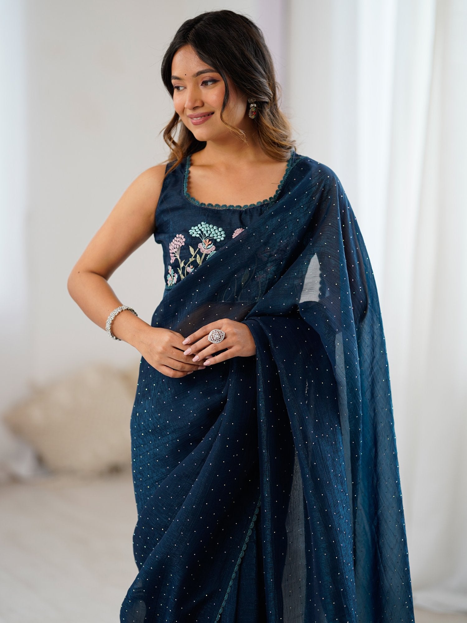 Blue Teal Party Wear Tissue Embellished Saree