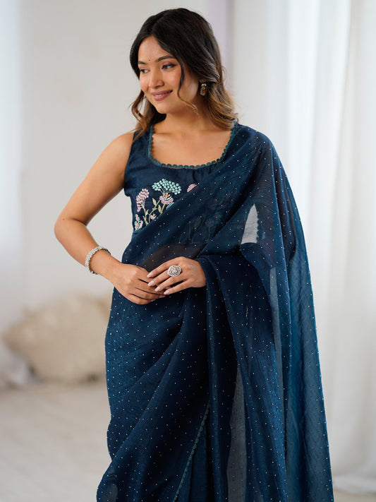 Blue Teal Party Wear Tissue Embellished Saree