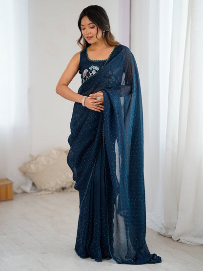 Teal Party Wear Tissue Embellished Saree