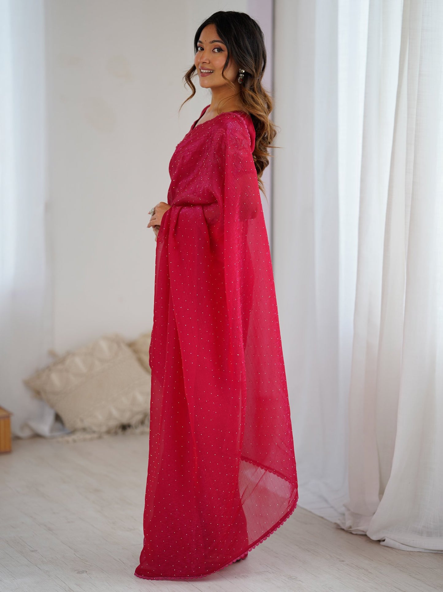 Pink Party Wear Tissue Embellished Saree