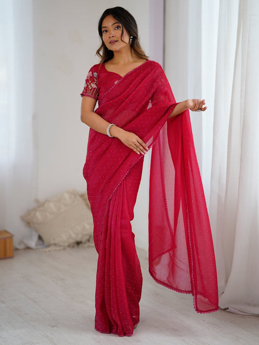 Pink Pink Party Wear Tissue Embellished Saree