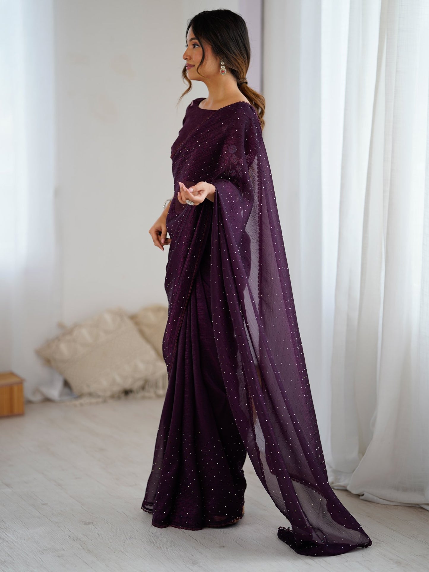 Purple Party Wear Tissue Embellished Saree
