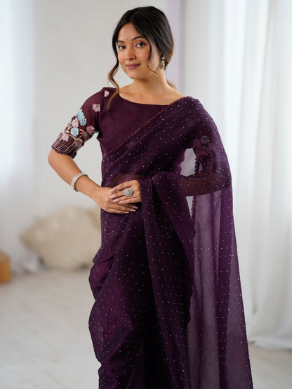 Purple Party Wear Tissue Embellished Saree