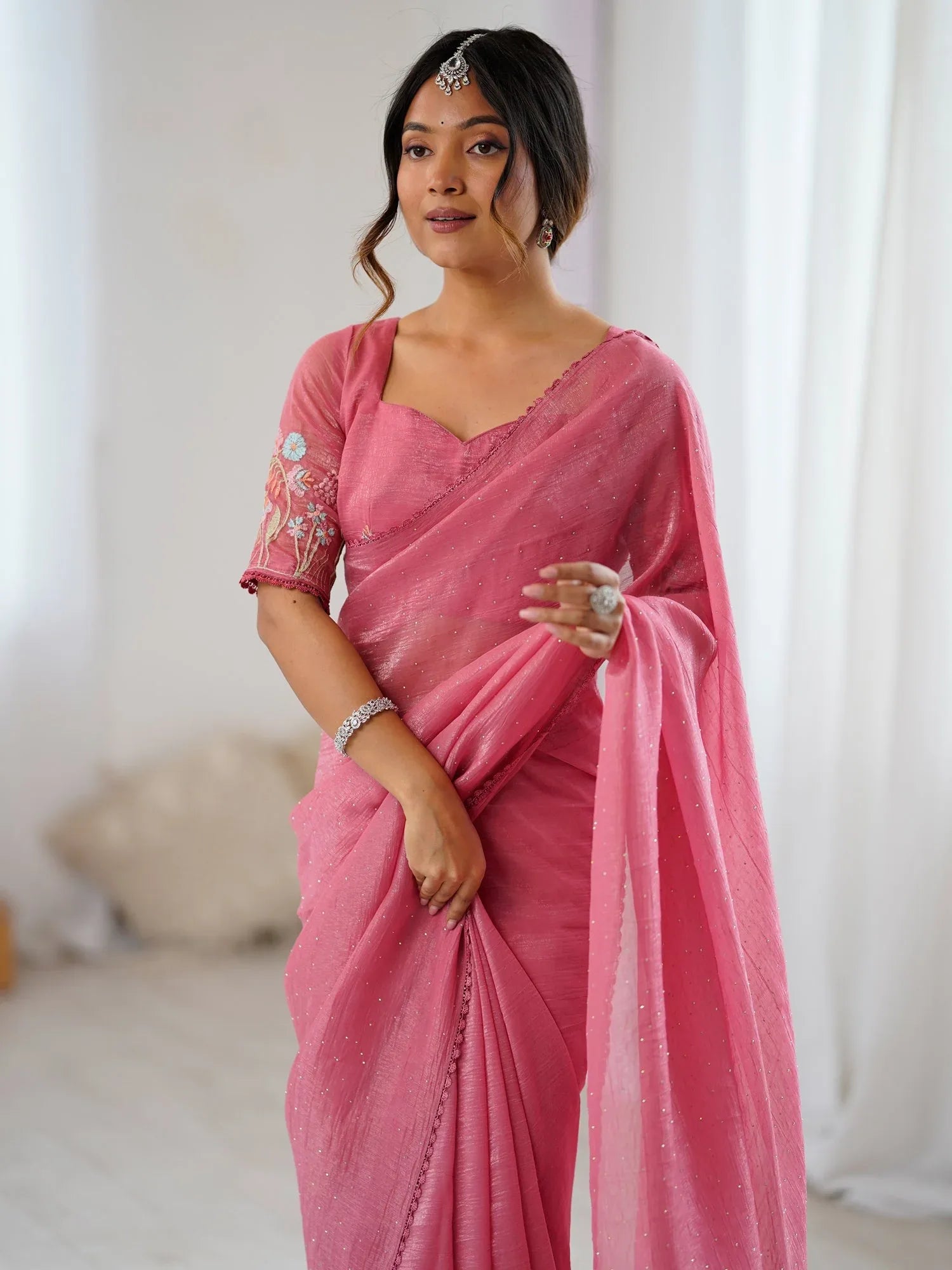 Pink Party Wear Tissue Embellished Saree