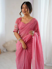 Pink Party Wear Tissue Embellished Saree