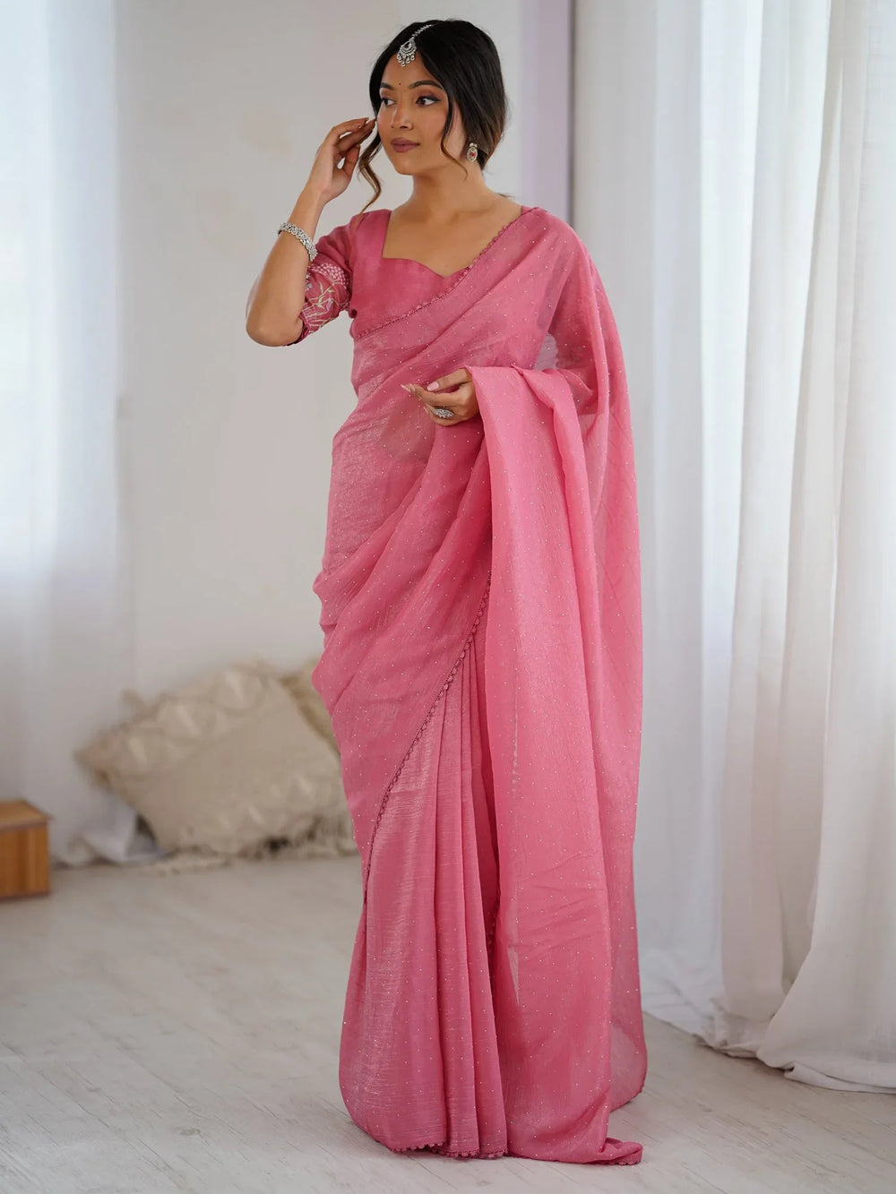 Pink Pink Party Wear Tissue Embellished Saree