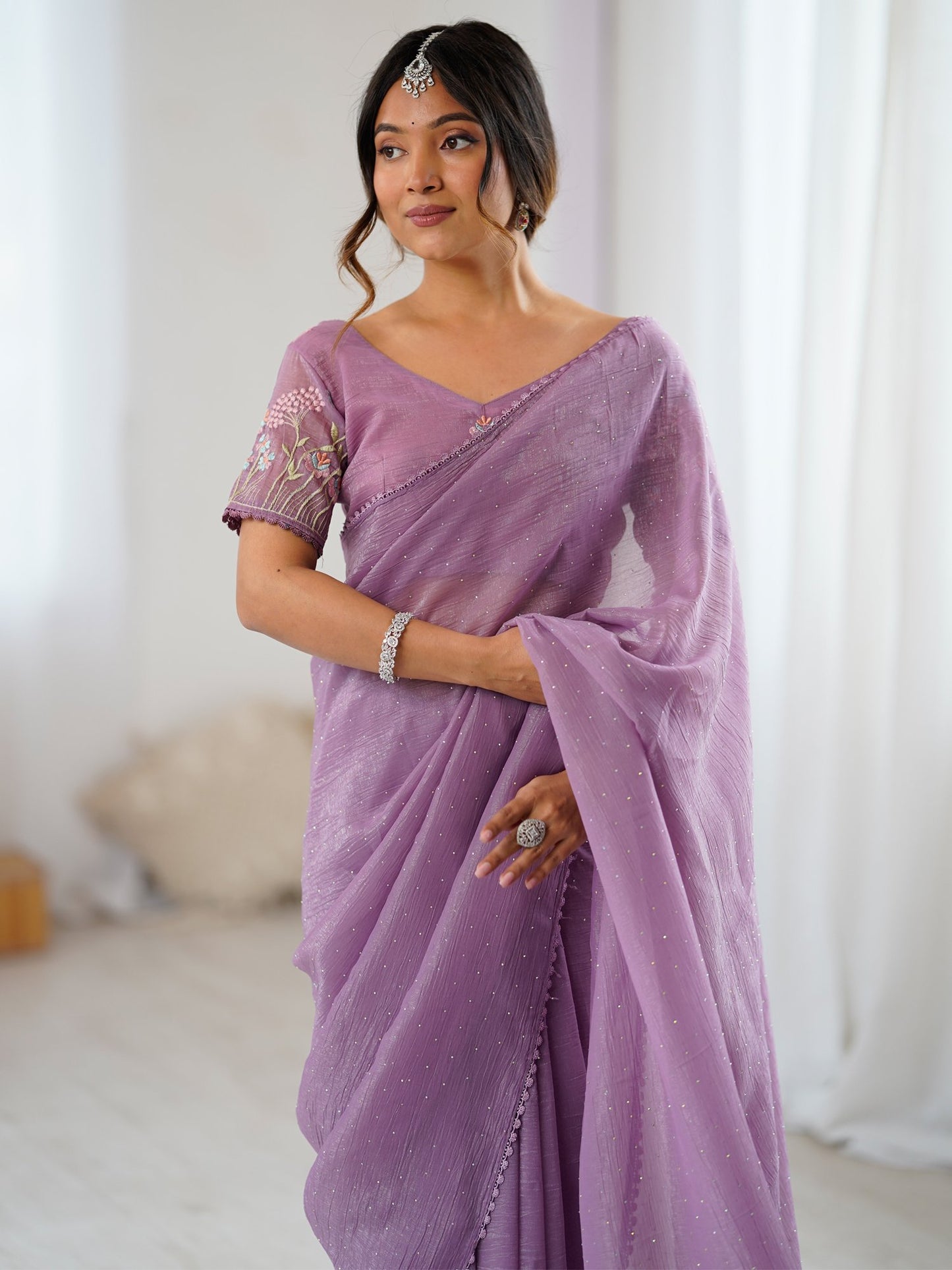 Lavendar Party Wear Tissue Embellished Saree