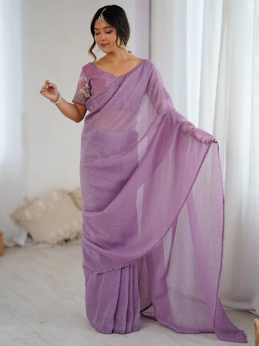 Lavender Lavendar Party Wear Tissue Embellished Saree